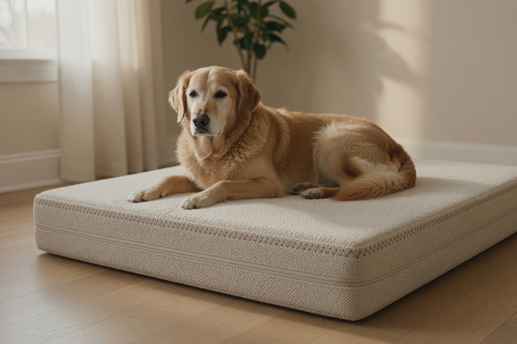 Senior golden retriever resting on a supportive mattress surface